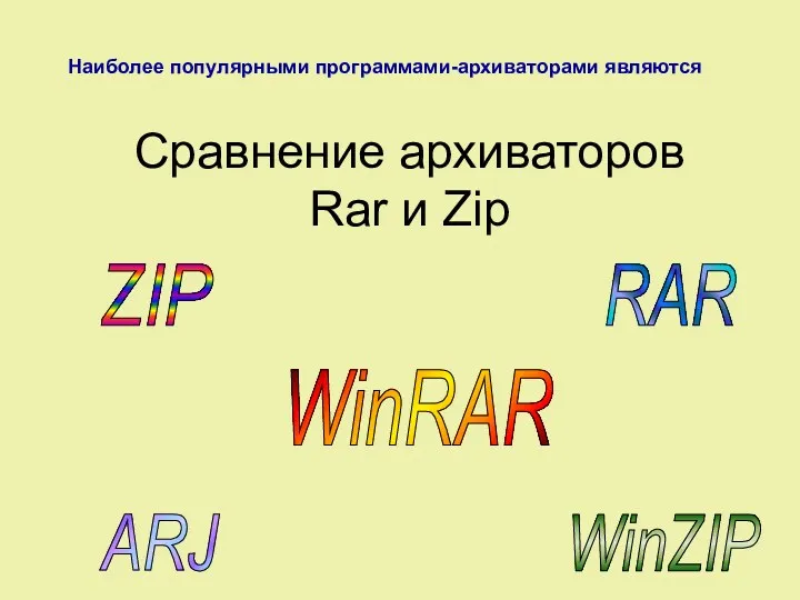 Сравнение архиваторов Rar и Zip Наиболее популярными программами-архиваторами являются WinRAR WinZIP RAR ARJ ZIP