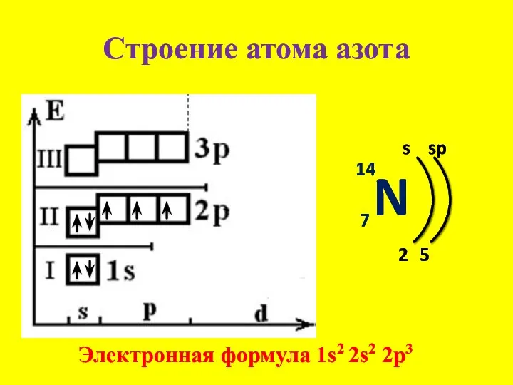 Строение атома азота N 14 7 s 2 Электронная формула 1s2 2s2 2p3 5 sp