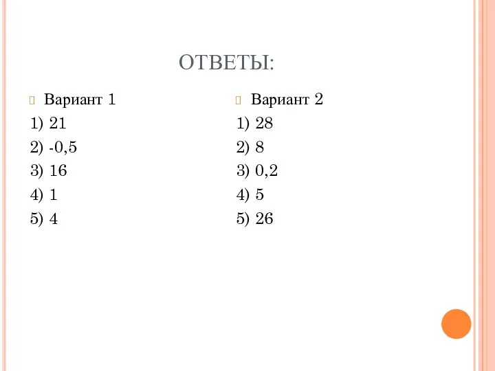 ОТВЕТЫ: Вариант 1 1) 21 2) -0,5 3) 16 4)