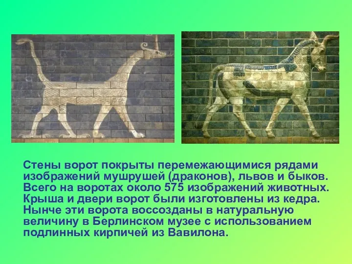 Стены ворот покрыты перемежающимися рядами изображений мушрушей (драконов), львов и