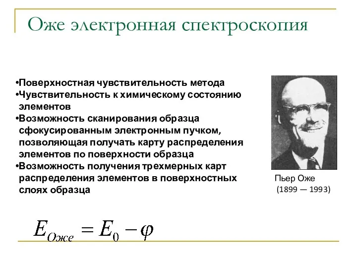 Оже электронная спектроскопия Пьер Оже (1899 — 1993) Поверхностная чувствительность метода Чувствительность к