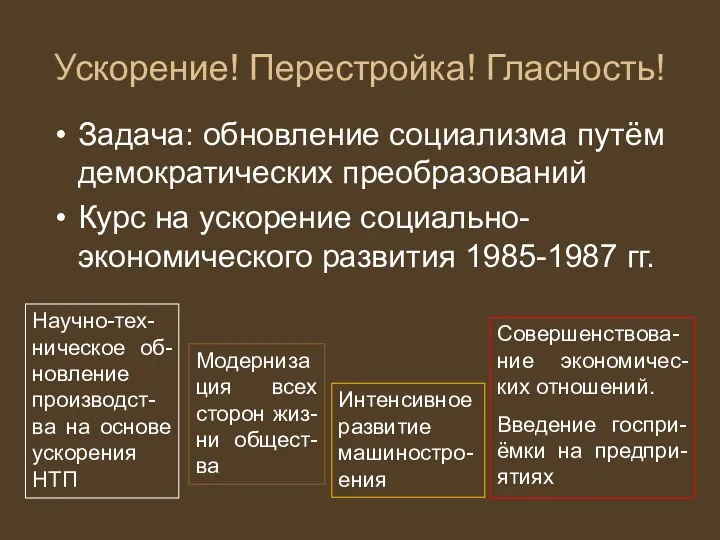 Ускорение! Перестройка! Гласность! Задача: обновление социализма путём демократических преобразований Курс