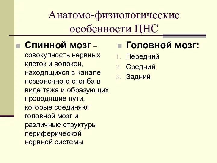 Анатомо-физиологические особенности ЦНС Спинной мозг – совокупность нервных клеток и