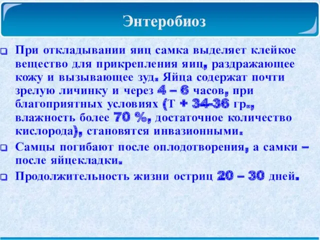 Энтеробиоз При откладывании яиц самка выделяет клейкое вещество для прикрепления