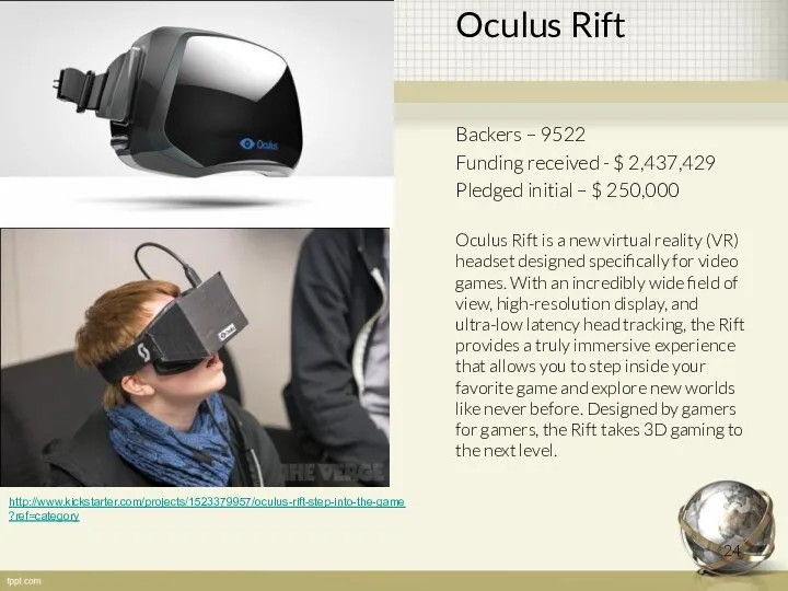 Oculus Rift Backers – 9522 Funding received - $ 2,437,429