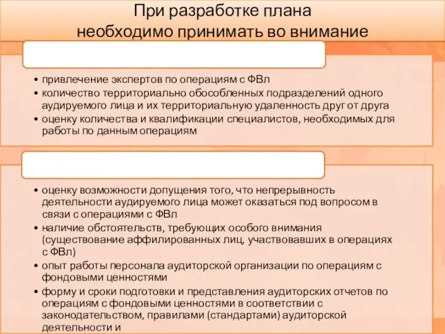 При разработке плана необходимо принимать во внимание