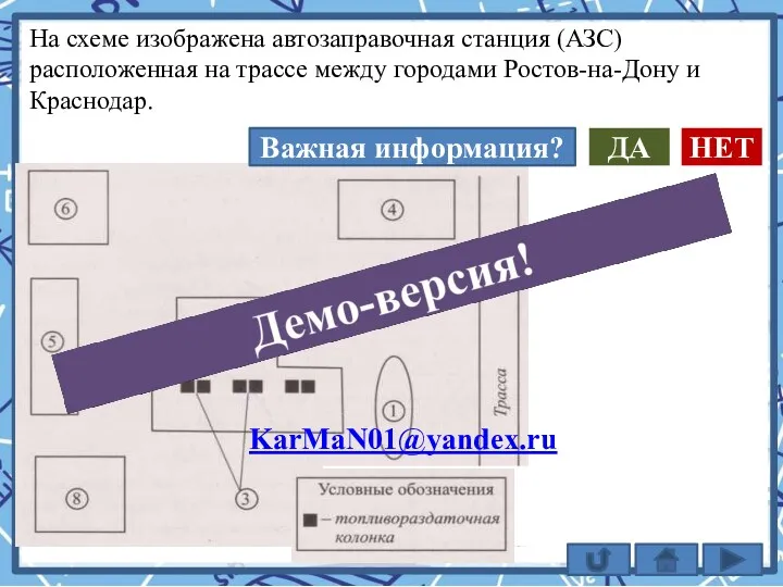 На схеме изображена автозаправочная станция (АЗС) расположенная на трассе между городами Ростов-на-Дону и