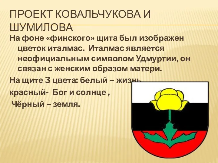 ПРОЕКТ КОВАЛЬЧУКОВА И ШУМИЛОВА На фоне «финского» щита был изображен