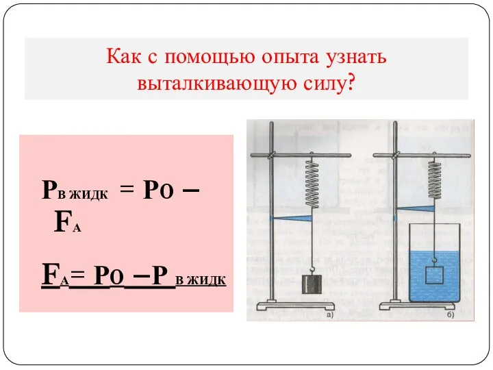 Как с помощью опыта узнать выталкивающую силу? РВ ЖИДК =