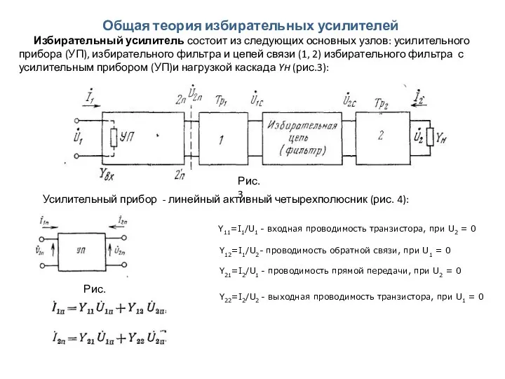 Общая теория избирательных усилителей Избирательный усилитель состоит из следующих основных