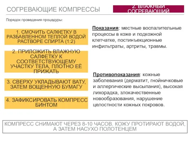 СОГРЕВАЮЩИЕ КОМПРЕССЫ 2. ВЛАЖНЫЙ СОГРЕВАЮЩИЙ Показания: местные воспалительные процессы в коже и подкожной