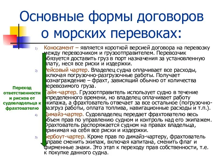 Основные формы договоров о морских перевоках: Коносамент – является короткой