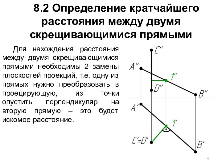 8.2 Определение кратчайшего расстояния между двумя скрещивающимися прямыми Для нахождения