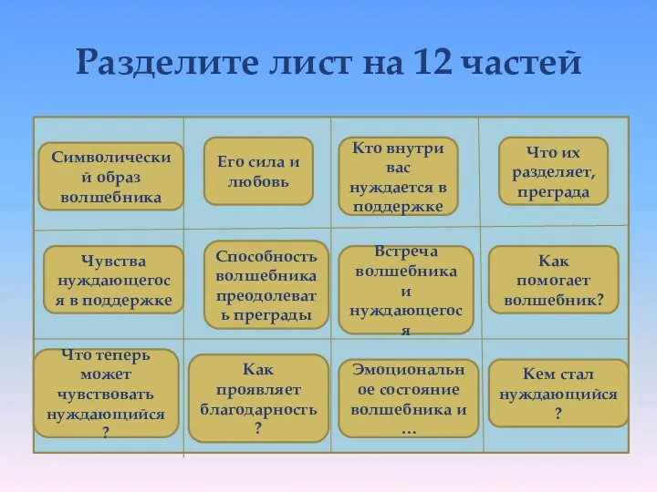 Разделите лист на 12 частей Символический образ волшебника Чувства нуждающегося