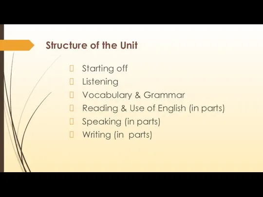 Structure of the Unit Starting off Listening Vocabulary & Grammar Reading & Use