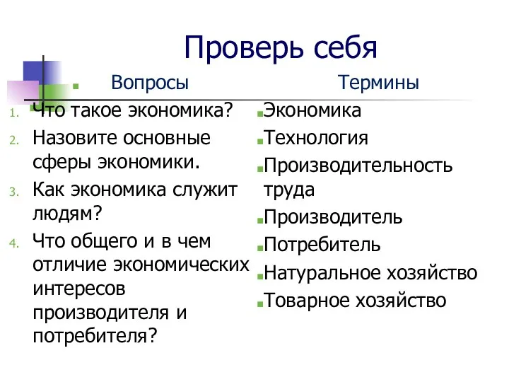 Проверь себя Вопросы Что такое экономика? Назовите основные сферы экономики.