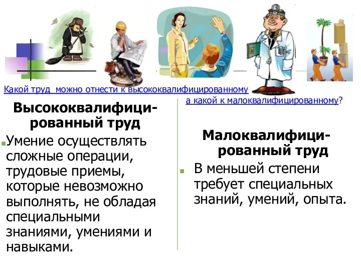 Высококвалифици- рованный труд Умение осуществлять сложные операции, трудовые приемы, которые