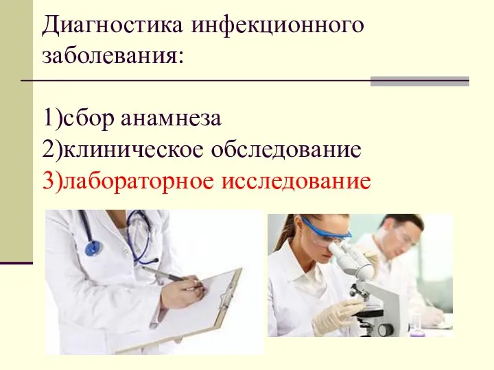 Диагностика инфекционного заболевания: 1)сбор анамнеза 2)клиническое обследование 3)лабораторное исследование