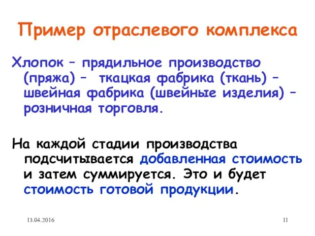 Пример отраслевого комплекса Хлопок – прядильное производство (пряжа) – ткацкая