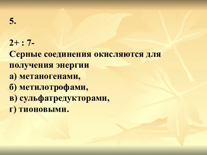 5. 2+ : 7- Серные соединения окисляются для получения энергии