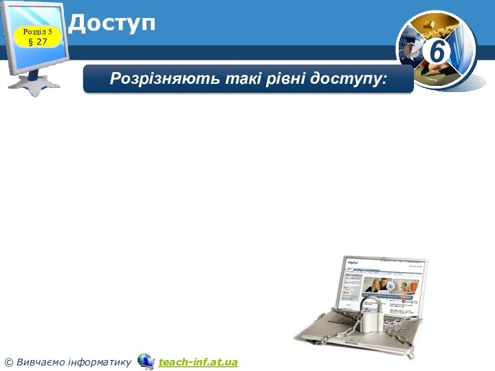 Доступ Розділ 5 § 27 Обмежений Частково обмежений Повний Розрізняють такі рівні доступу: