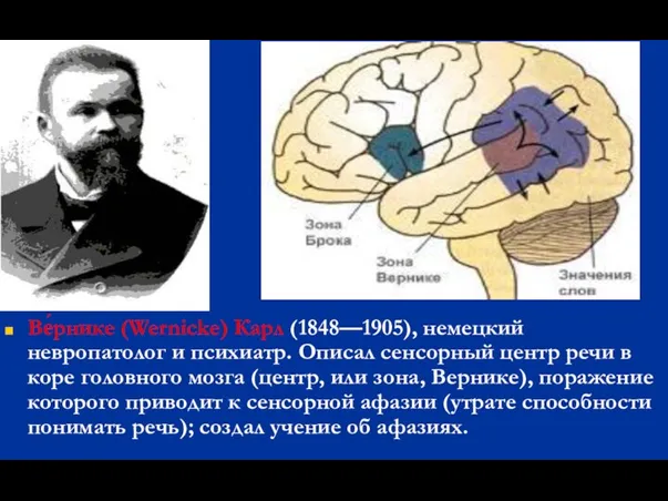 Ве́рнике (Wernicke) Карл (1848—1905), немецкий невропатолог и психиатр. Описал сенсорный центр речи в