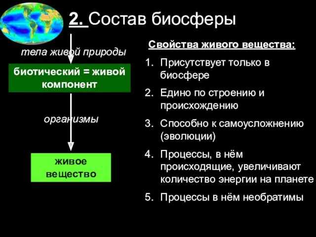 2. Состав биосферы биотический = живой компонент организмы живое вещество