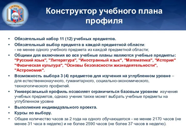 Конструктор учебного плана профиля Обязательный набор 11 (12) учебных предметов.