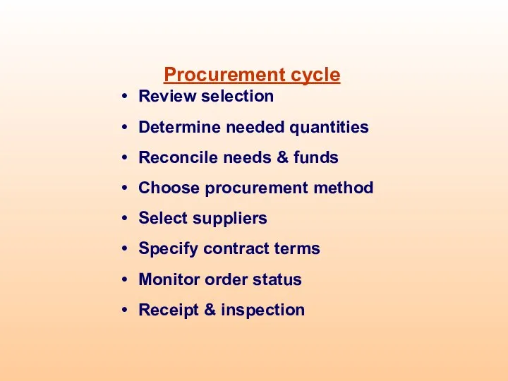 Procurement cycle Review selection Determine needed quantities Reconcile needs &