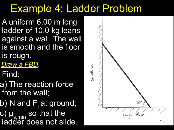 Example 4: Ladder Problem A uniform 6.00 m long ladder
