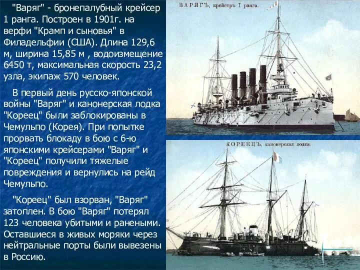 "Варяг" - бронепалубный крейсер 1 ранга. Построен в 1901г. на