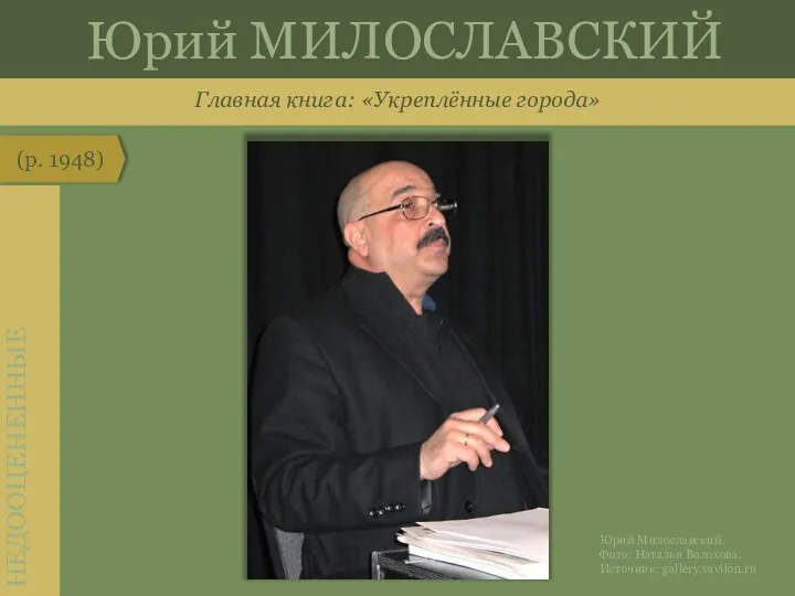 Главная книга: «Укреплённые города» (р. 1948) НЕДООЦЕНЕННЫЕ Юрий МИЛОСЛАВСКИЙ Юрий Милославский. Фото: Наталья Волохова. Источник: gallery.vavilon.ru