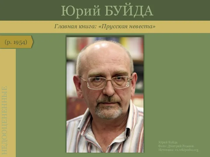 Главная книга: «Прусская невеста» (р. 1954) НЕДООЦЕНЕННЫЕ Юрий БУЙДА Юрий Буйда. Фото: Дмитрий Рожков. Источник: ru.wikipedia.org