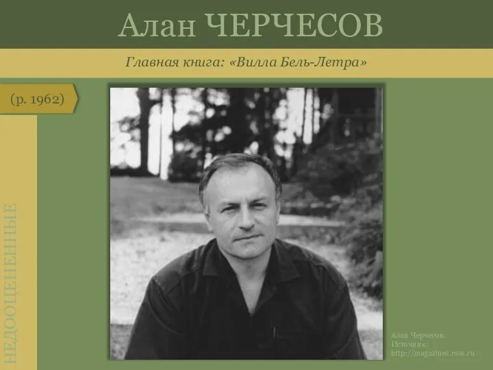 Главная книга: «Вилла Бель-Летра» (р. 1962) НЕДООЦЕНЕННЫЕ Алан ЧЕРЧЕСОВ Алан Черчесов. Источник: http://magazines.russ.ru