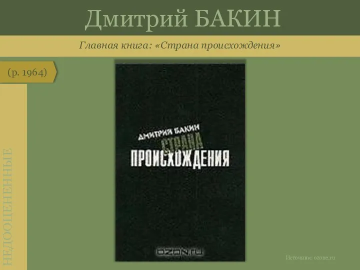 Главная книга: «Страна происхождения» (р. 1964) НЕДООЦЕНЕННЫЕ Дмитрий БАКИН Источник: ozone.ru