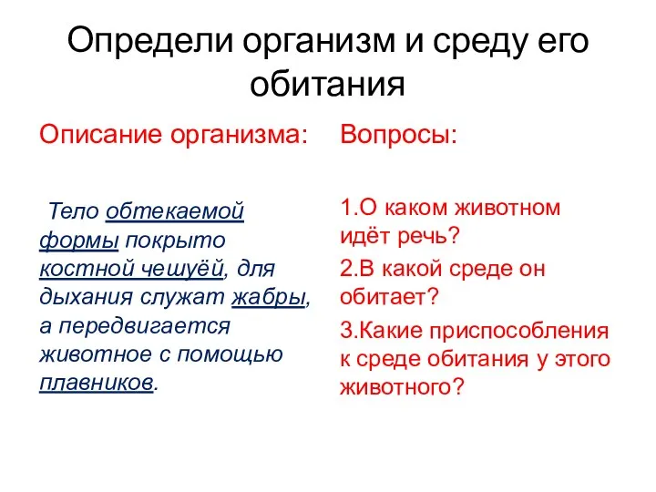 Определи организм и среду его обитания Описание организма: Тело обтекаемой