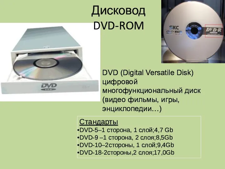Стандарты DVD-5–1 сторона, 1 слой;4,7 Gb DVD-9 –1 сторона, 2