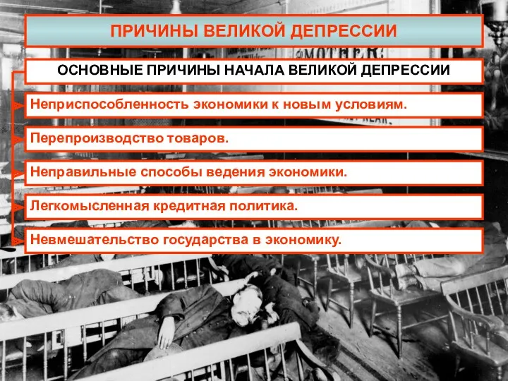 ПРИЧИНЫ ВЕЛИКОЙ ДЕПРЕССИИ ОСНОВНЫЕ ПРИЧИНЫ НАЧАЛА ВЕЛИКОЙ ДЕПРЕССИИ Неприспособленность экономики