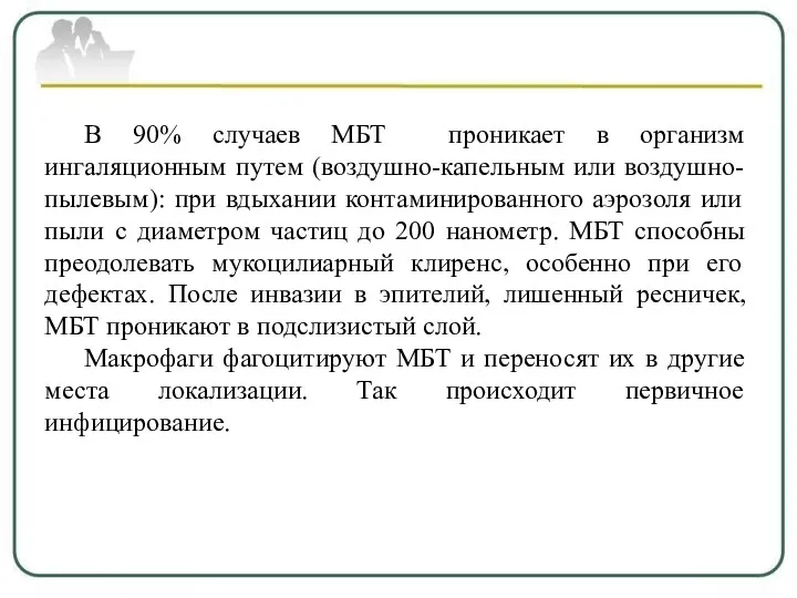 В 90% случаев МБТ проникает в организм ингаляционным путем (воздушно-капельным