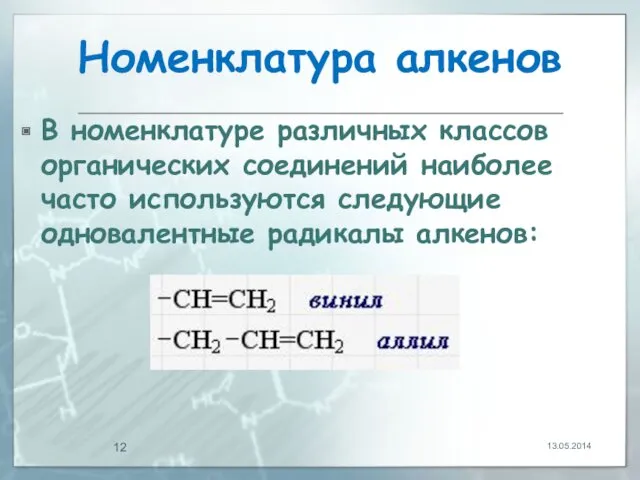 Номенклатура алкенов В номенклатуре различных классов органических соединений наиболее часто используются следующие одновалентные радикалы алкенов: 13.05.2014