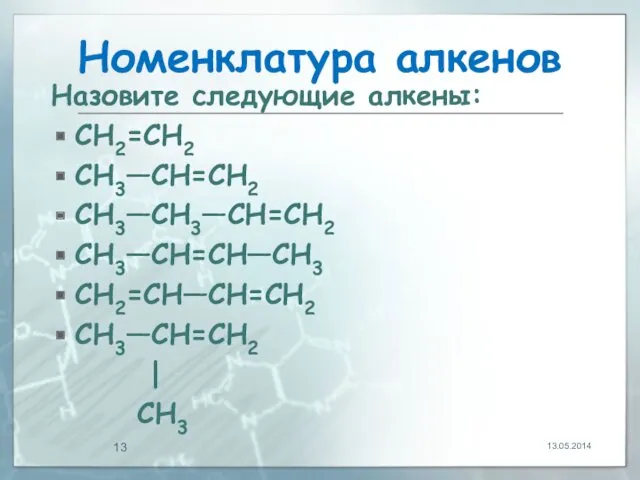 Номенклатура алкенов Назовите следующие алкены: CH2=CH2 CH3—CH=CH2 CH3—CH3—CH=CH2 CH3—CH=CH—CH3 CH2=CH—CH=CH2 CH3—CH=CH2 | CH3 13.05.2014