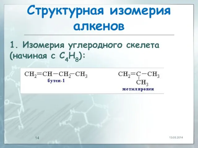 Структурная изомерия алкенов 13.05.2014 1. Изомерия углеродного скелета (начиная с С4Н8):