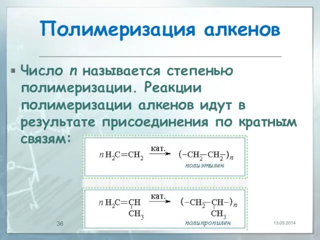 Полимеризация алкенов Число n называется степенью полимеризации. Реакции полимеризации алкенов