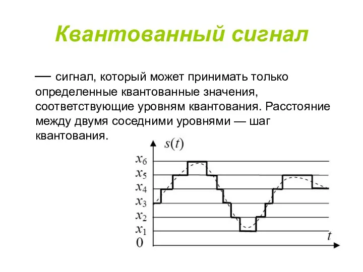 Квантованный сигнал — сигнал, который может принимать только определенные квантованные