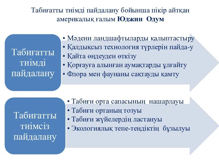 Табиғатты тиімді пайдалану бойынша пікір айтқан америкалық ғалым Юджин Одум