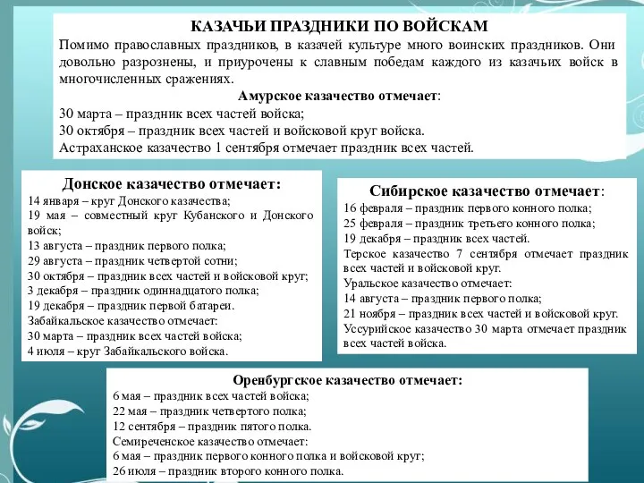 КАЗАЧЬИ ПРАЗДНИКИ ПО ВОЙСКАМ Помимо православных праздников, в казачей культуре