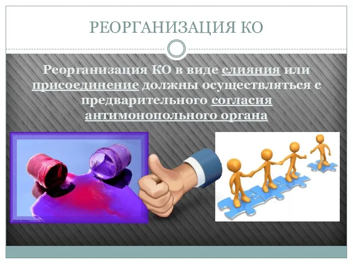 РЕОРГАНИЗАЦИЯ КО Реорганизация КО в виде слияния или присоединение должны осуществляться с предварительного согласия антимонопольного органа