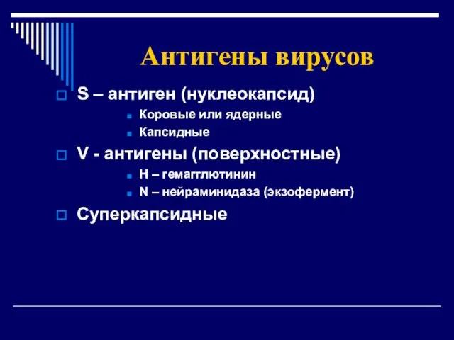 Антигены вирусов S – антиген (нуклеокапсид) Коровые или ядерные Капсидные