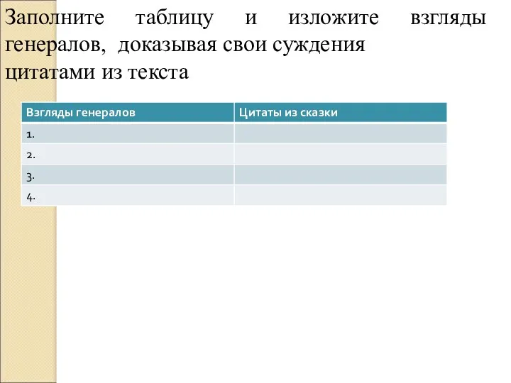 Заполните таблицу и изложите взгляды генералов, доказывая свои суждения цитатами из текста