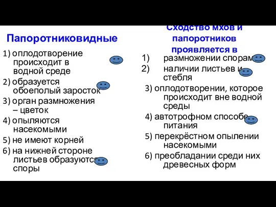 Папоротниковидные 1) оплодотворение происходит в водной среде 2) образуется обоеполый